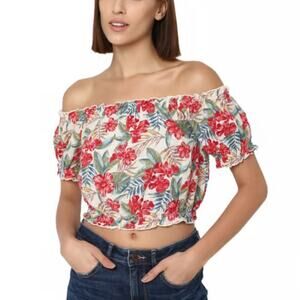 American Eagle Cotton Linen Floral Cropped Off the Shoulder Floral Top Size M
